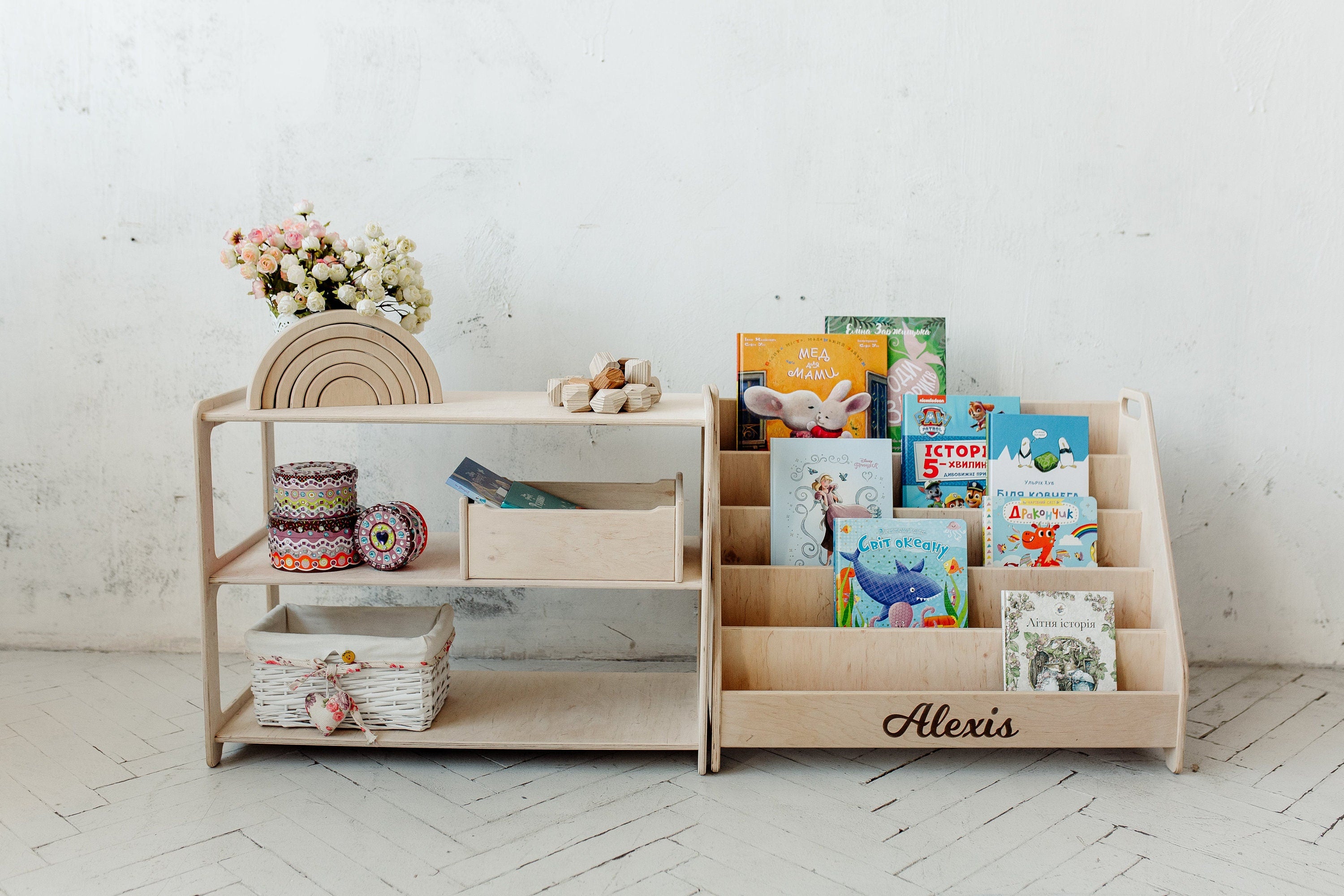 Set of 2 Shelves: Small Toy Storage + Large Montessori Bookshelf