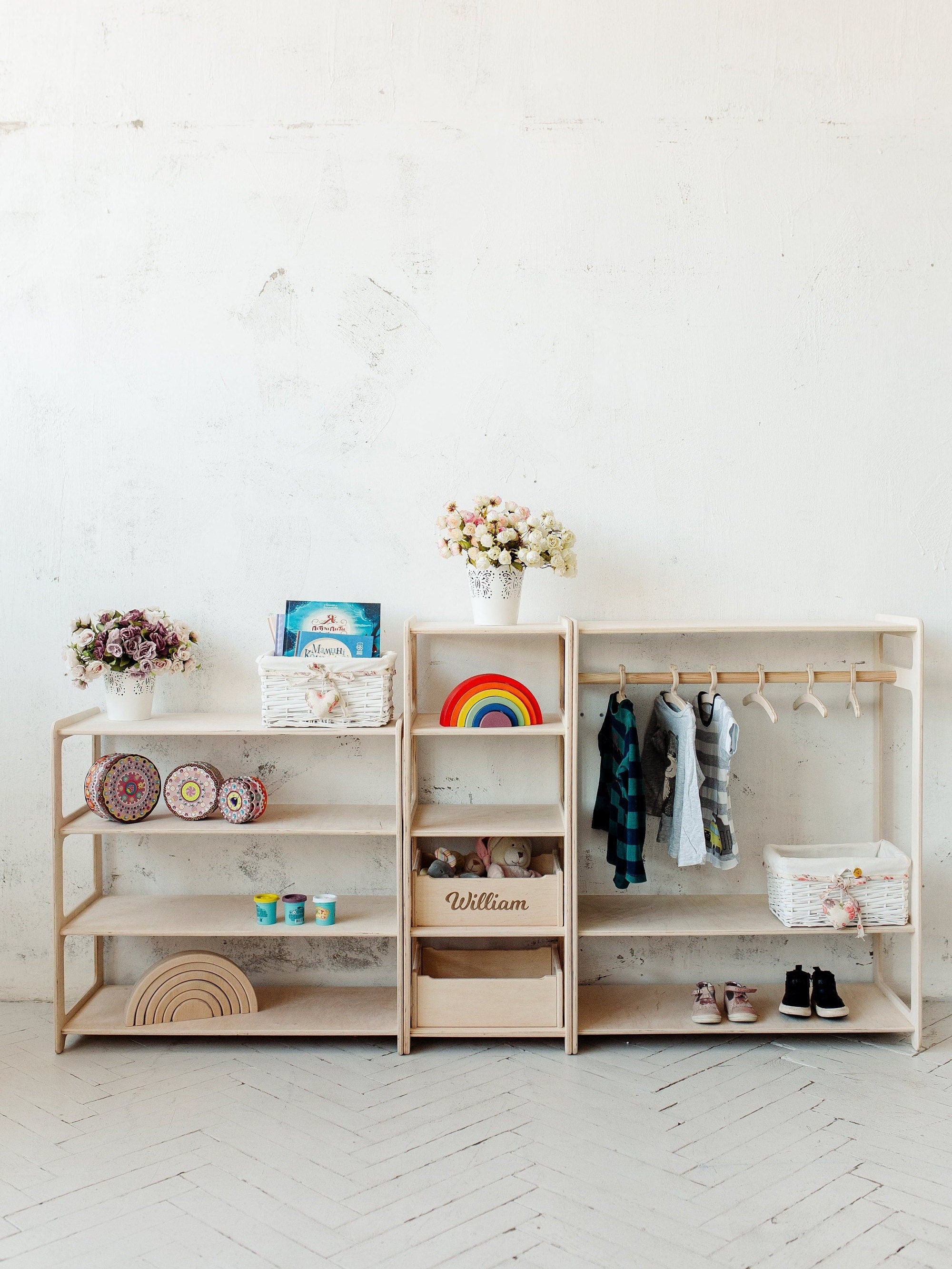 Set of 3 Shelves: Toy Storage + Kid Clothing Rack