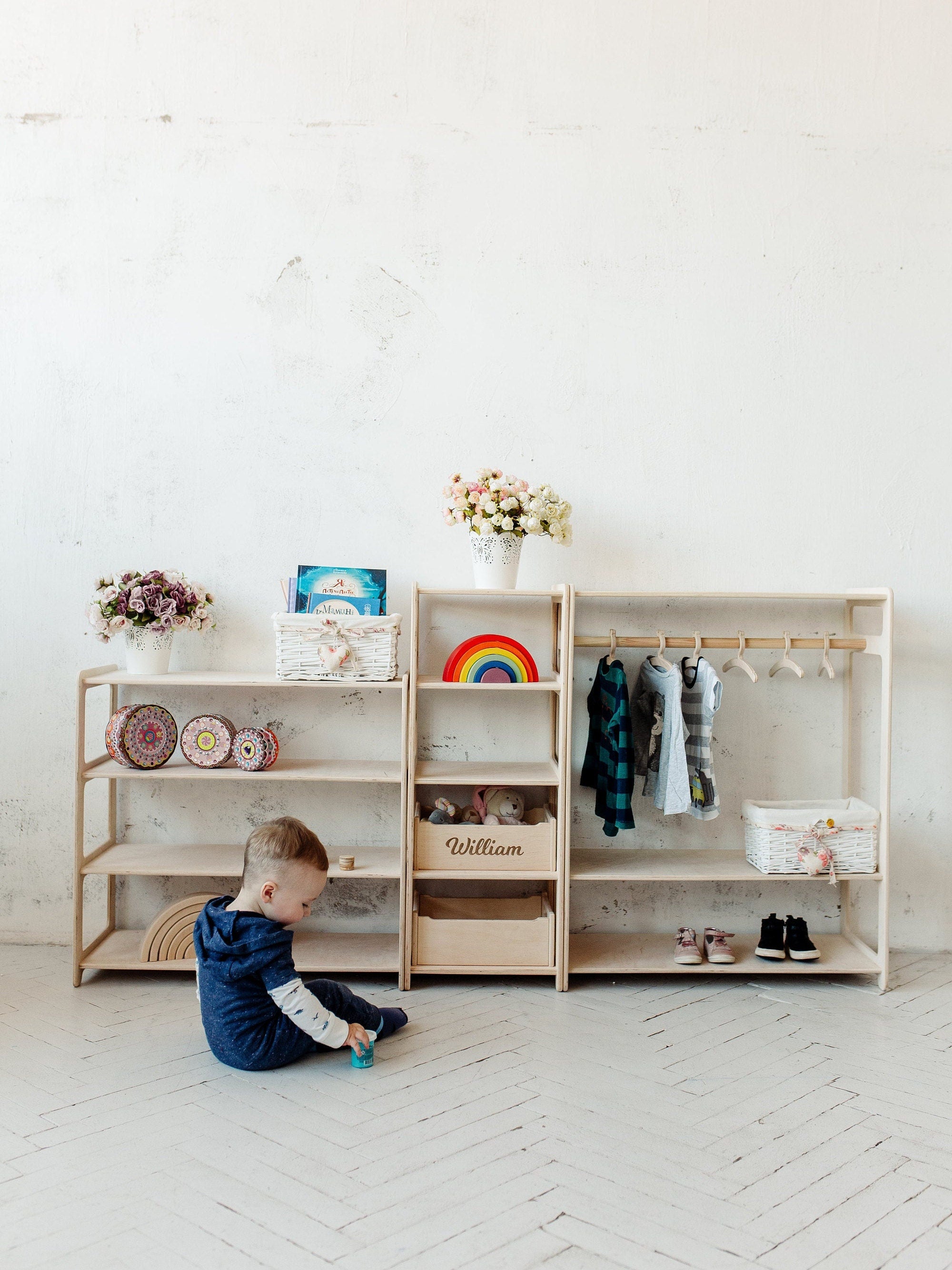 Set of 3 Shelves: Toy Storage + Kid Clothing Rack