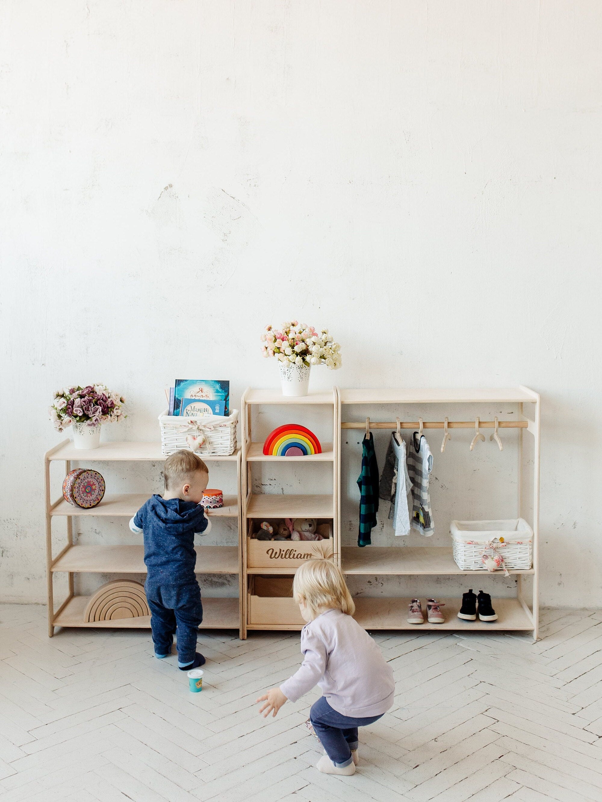 Set of 3 Shelves: Toy Storage + Kid Clothing Rack