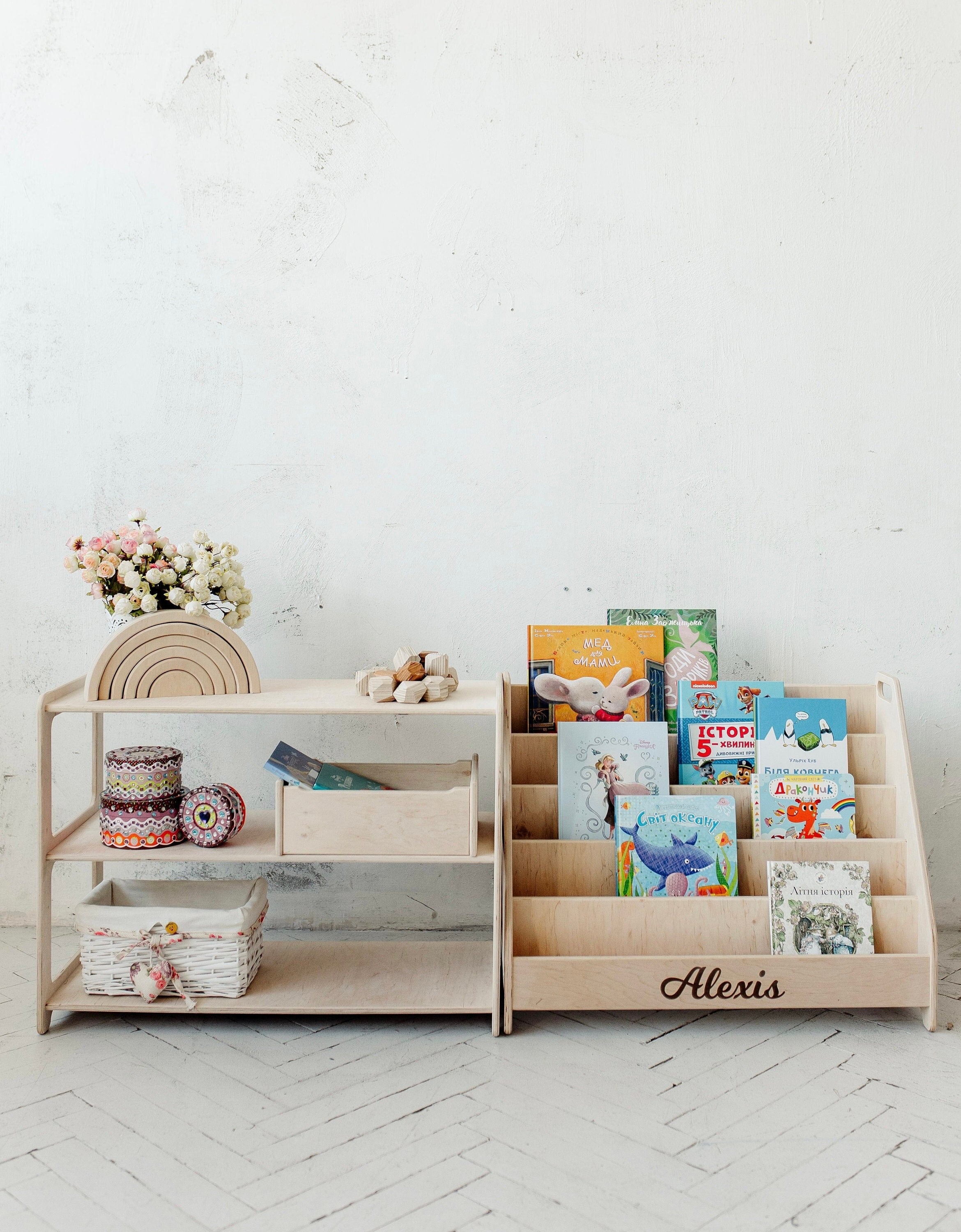 Set of 2 Shelves: Small Toy Storage + Large Montessori Bookshelf