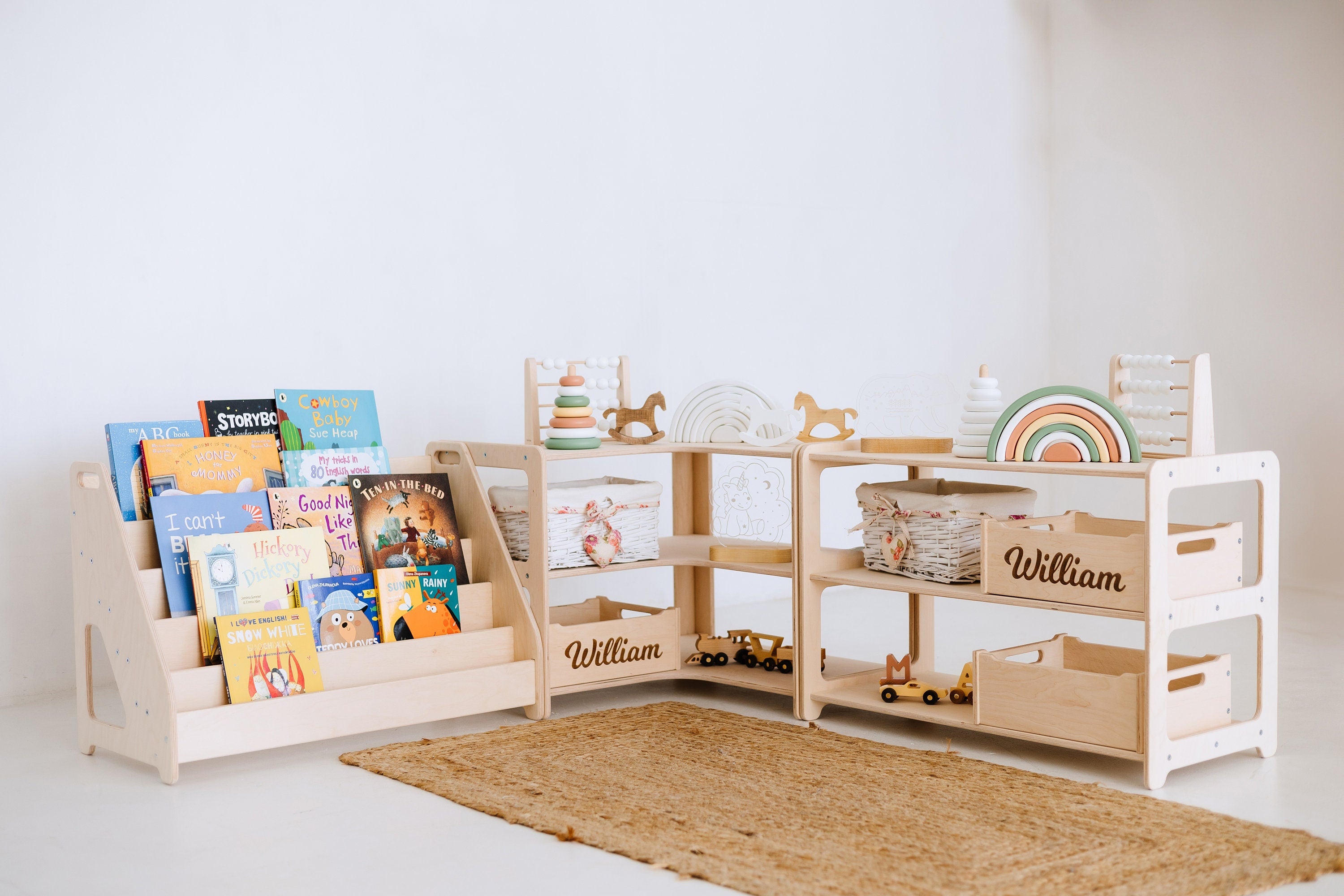 Montessori Bookshelf + Small Toy Shelf + Corner Toy Shelf