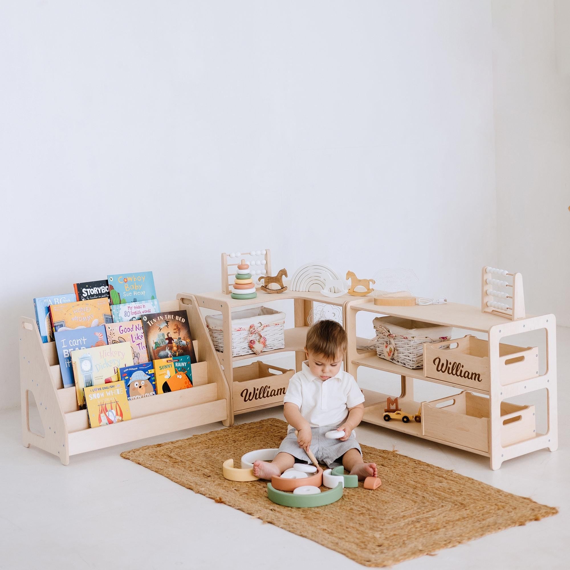 Montessori Bookshelf + Small Toy Shelf + Corner Toy Shelf